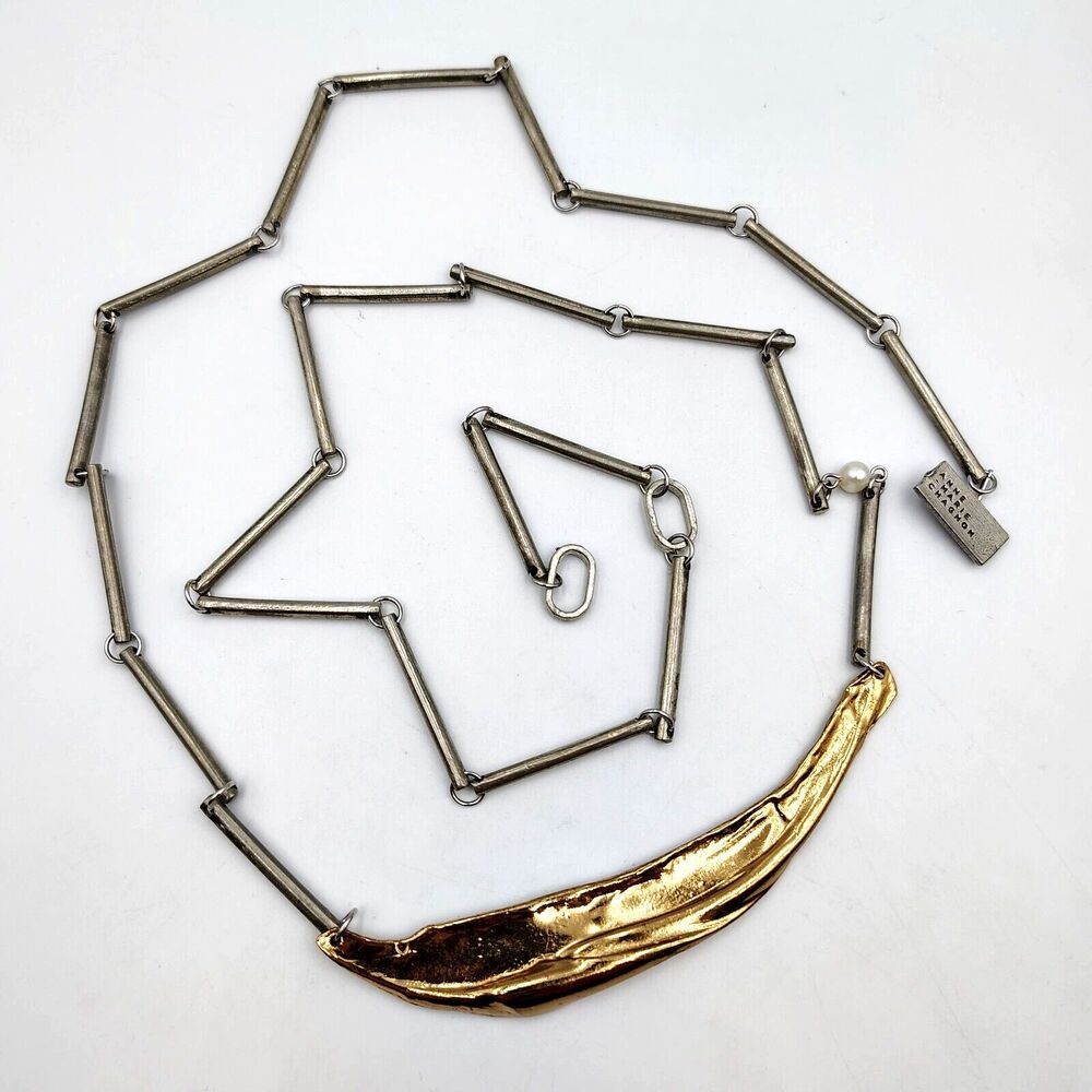 Anne-Marie Chagnon Canada Silver & Gold Tone Modernist Long Necklace 37"